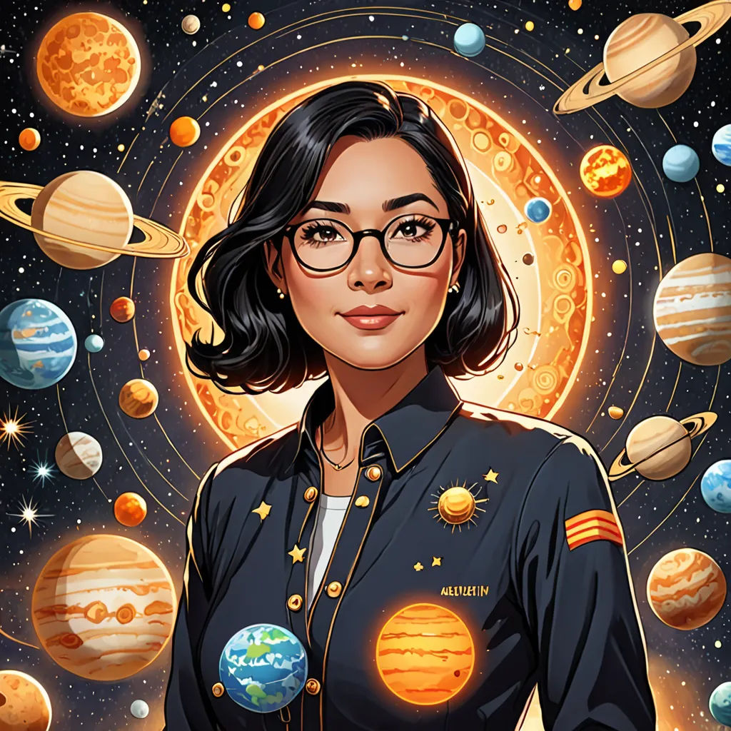 a woman in a space suit surrounded by planets and stars, with a sun in the background and a star in the foreground, space art, a character portrait, Artgerm, high detail illustration