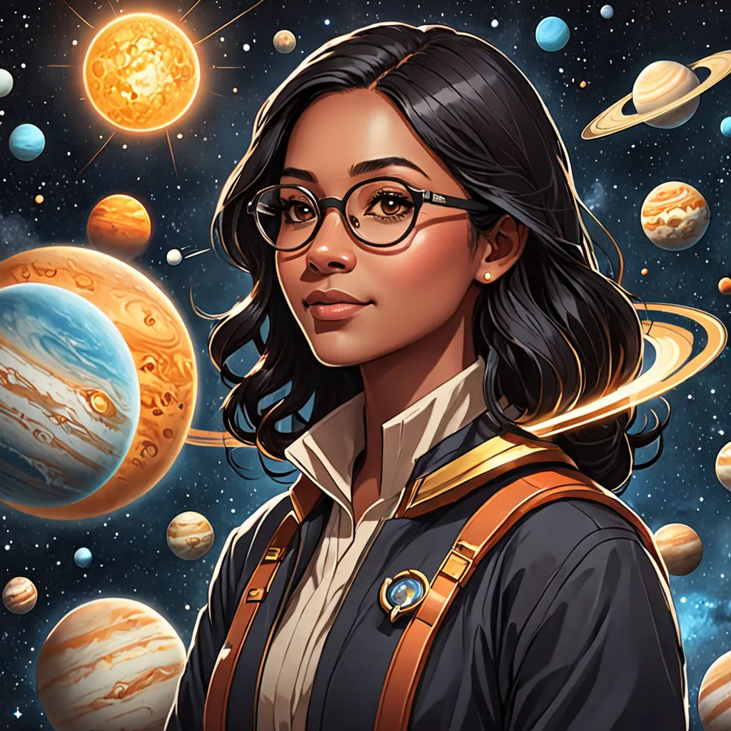 a woman in a space suit with planets around her and a star in the background with a telescope in her hand, space art, a character portrait, Eve Ryder, key art