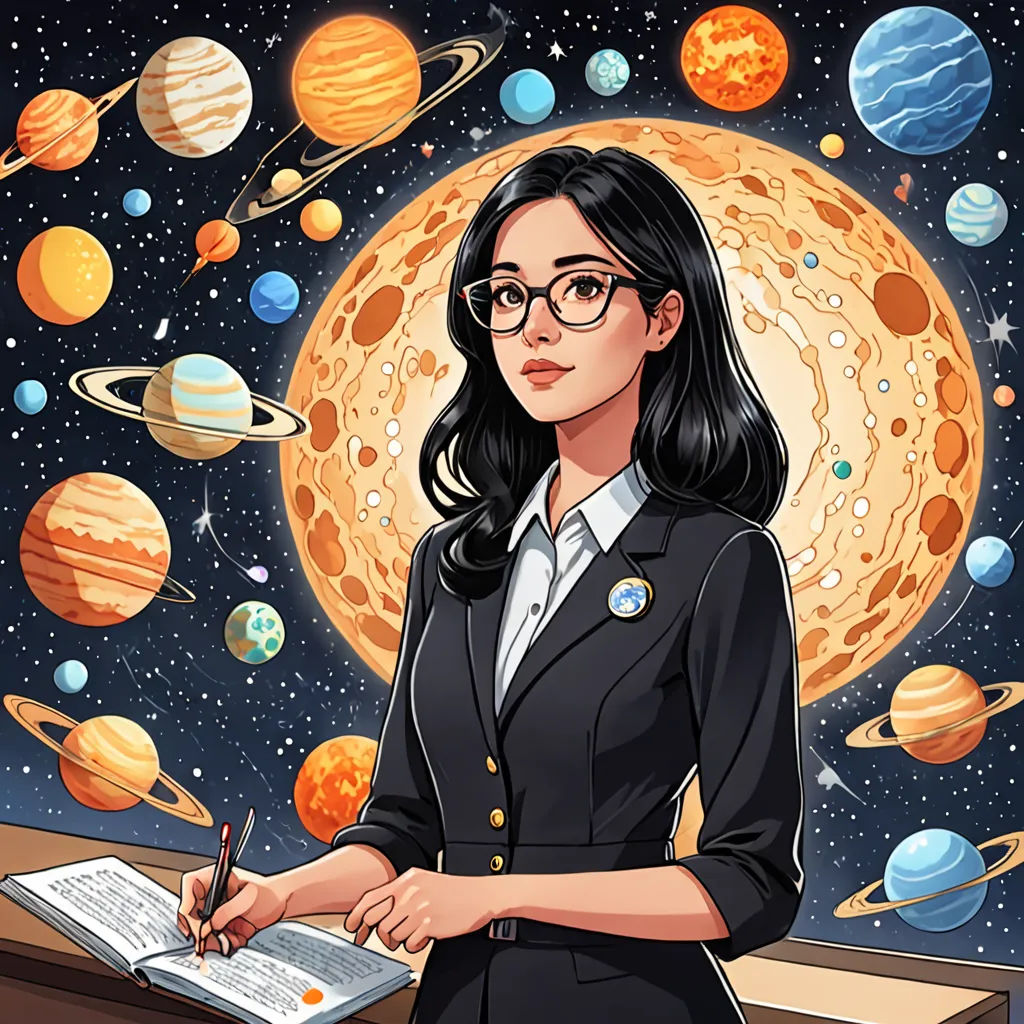 a woman in a suit writing on a paper with planets around her and a pen in her hand,, space art, a character portrait, Atey Ghailan, comic cover art