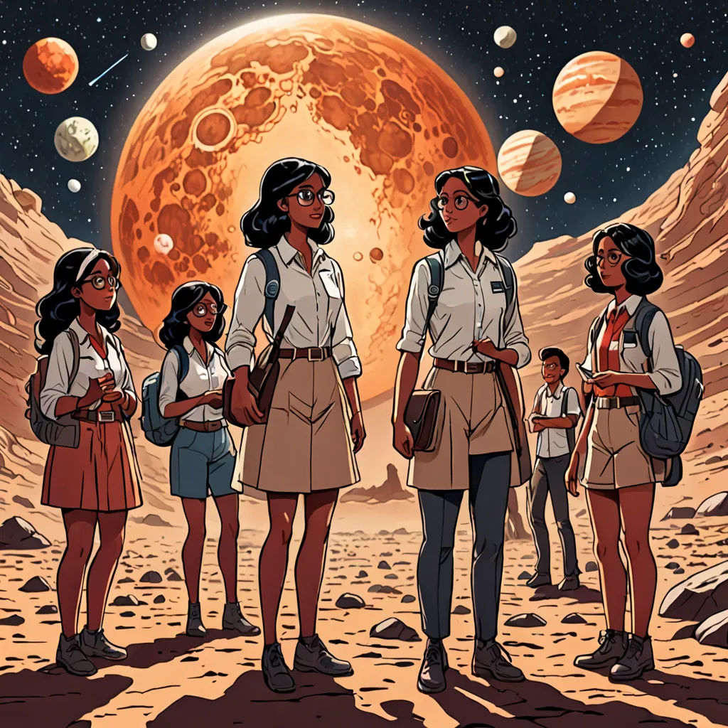 a group of women standing on top of a desert covered ground next to a giant planet with a red moon in the background, afrofuturism, poster art, Asaf Hanuka, comic cover art