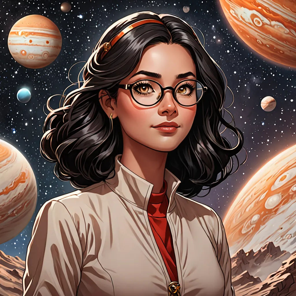 a woman with glasses and a tie standing in front of planets and stars in the sky with a red tie, space art, a character portrait, Artgerm, comic cover art