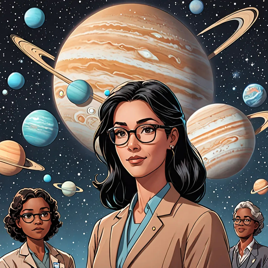 a woman in a suit and glasses standing in front of a solar system with planets and stars in the background, space art, a character portrait, F Scott Hess, comic cover art
