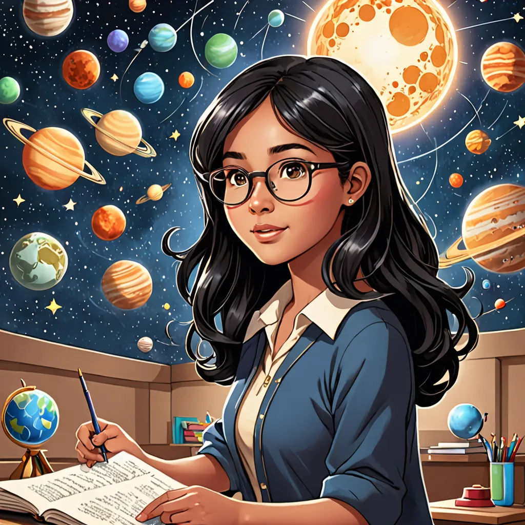 a girl is writing in a book with planets around her and a pen in her hand and a notebook in her hand, space art, a character portrait, Chris LaBrooy, comic cover art