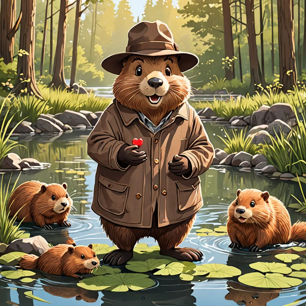 a painting of a beaver with his family in a pond of water and lily pads, with a forest background, furry art, a storybook illustration, Dan Mumford, official art