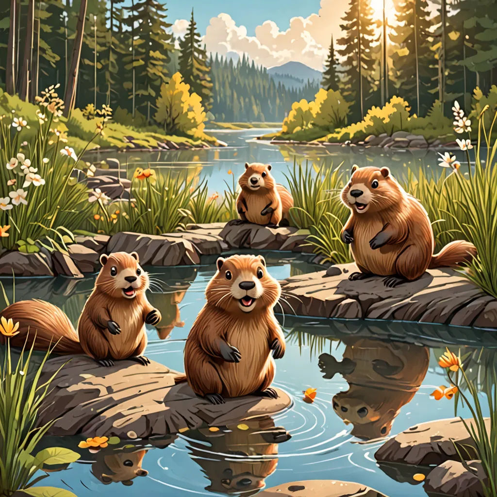 a painting of three beavers sitting on rocks in a river with a forest in the background and a pond in the foreground, american scene painting, a storybook illustration, Chris LaBrooy, official art