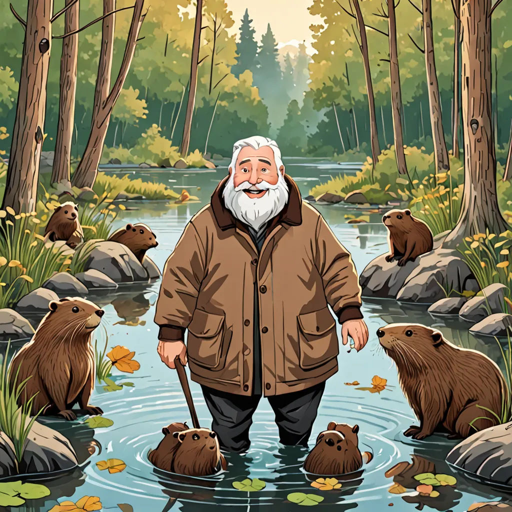 a man standing in a river surrounded by beavers and a forest with trees and leaves on the ground, primitivism, a storybook illustration, Clovis Trouille, official art