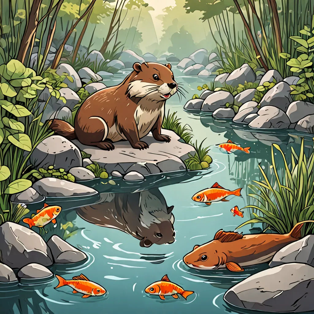 a river with a beaver and fish in it and a forest background with rocks and plants and water and a few fish, environmental art, a storybook illustration, Dan Mumford, storybook illustration