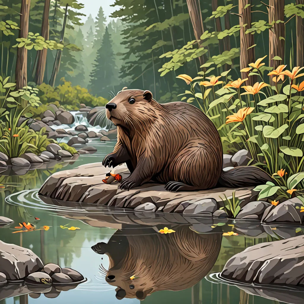 a beaver sitting on a rock in a forest next to a river and flowers and trees with a reflection in the water, environmental art, a storybook illustration, Chris LaBrooy, highly detailed digital painting