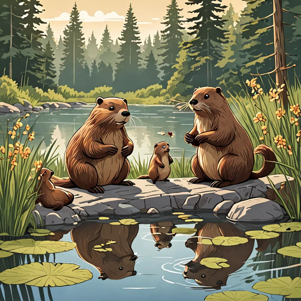 a couple of animals that are sitting on a rock in the water and some lily pads in the water, american scene painting, a storybook illustration, Chris LaBrooy, official art