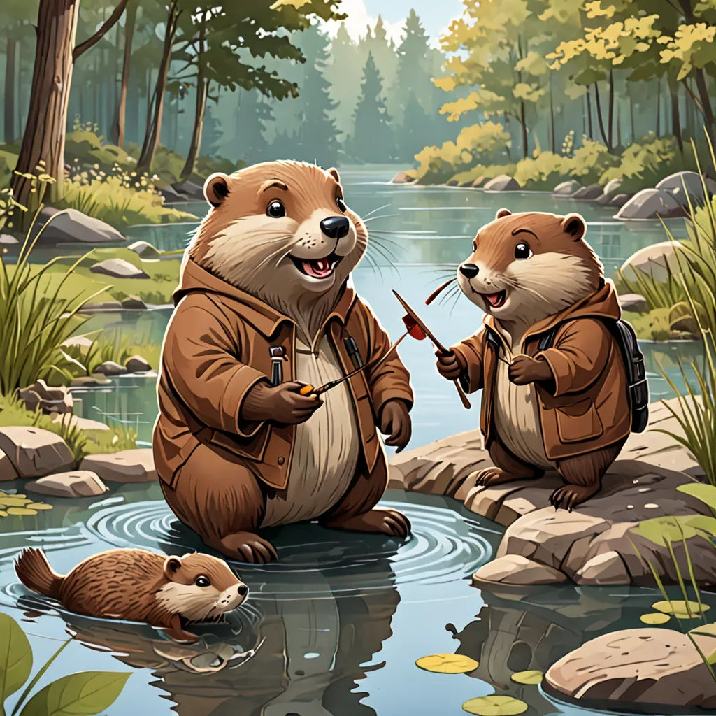 two beavers are standing in the water and one is holding a stick and the other is holding a fish, sots art, a storybook illustration, Dan Mumford, official art