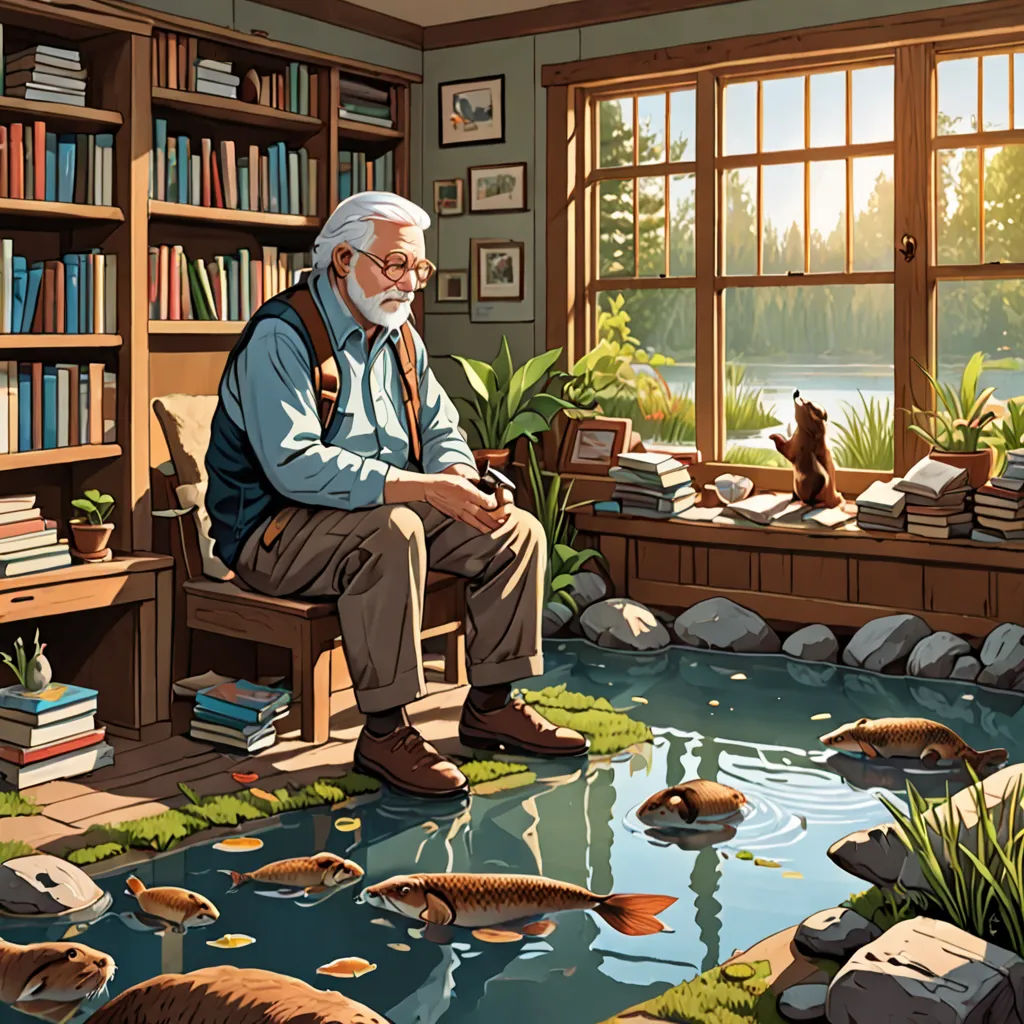 a man sitting in a room with a pond of water and fish in it, surrounded by bookshelves, naturalism, a storybook illustration, Alson S. Clark, storybook illustration