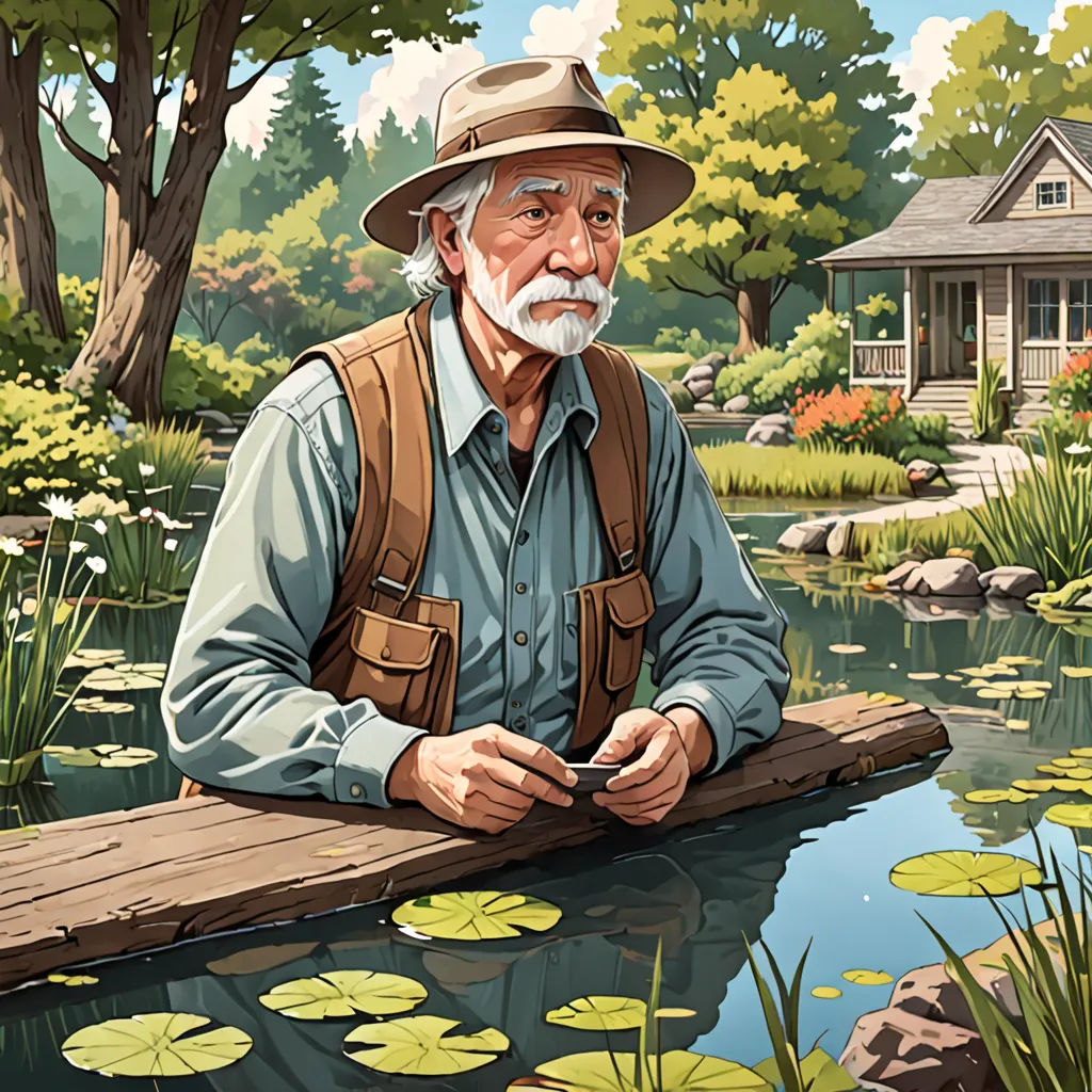 a man sitting on a log in a pond with lily pads and a house in the background with a pond and trees, american scene painting, a storybook illustration, F Scott Hess, highly detailed digital painting
