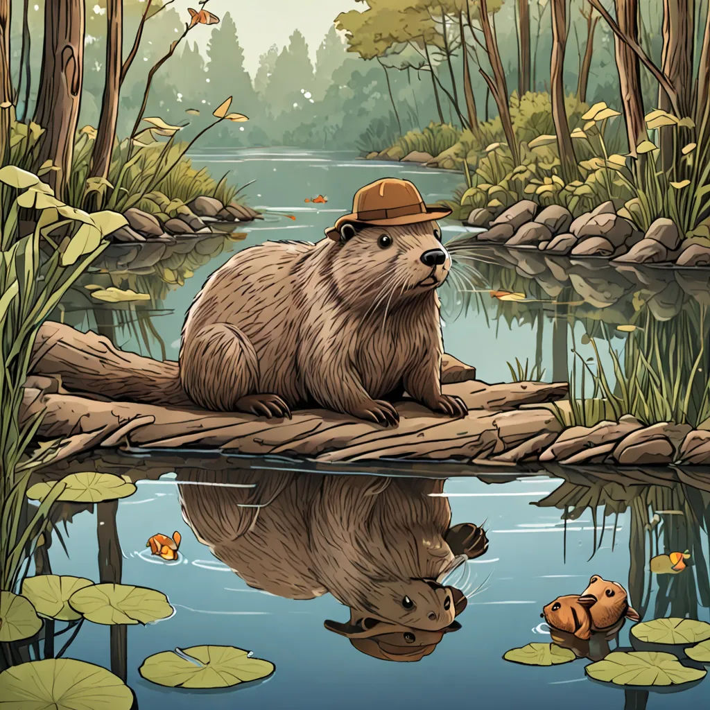 a bear sitting on a log in a swamp with lily pads and butterflies around it, and a pond with water lilies and a few butterflies, environmental art, a storybook illustration, Chris LaBrooy, highly detailed digital painting