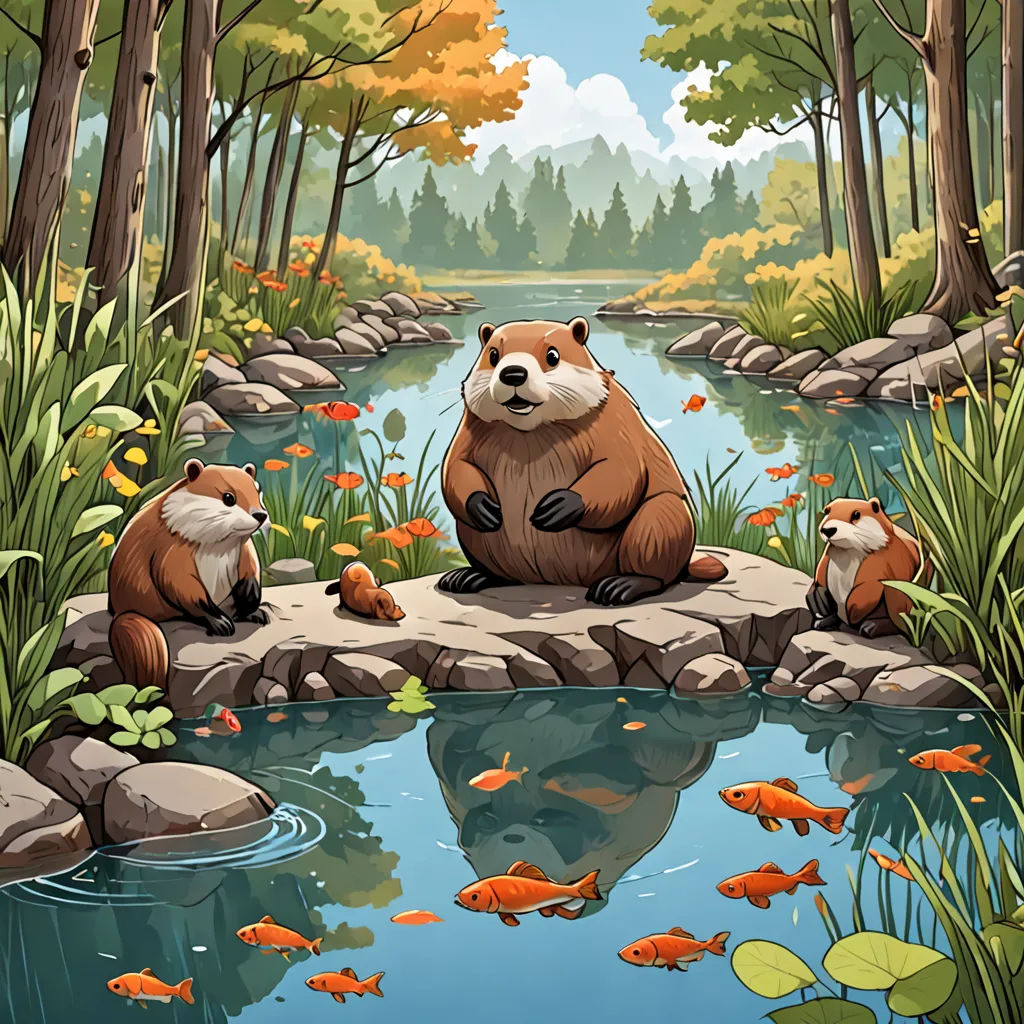 a painting of a bear sitting on a rock in a forest with goldfish in the water and a pond, environmental art, a storybook illustration, Chris LaBrooy, storybook illustration