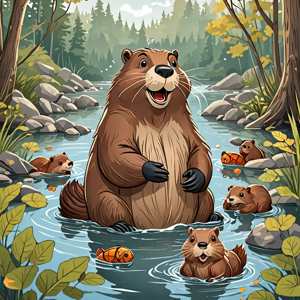 a beaver standing in a river surrounded by other beavers and fish in the water with trees and rocks in the background, sots art, a storybook illustration, Chris LaBrooy, official art