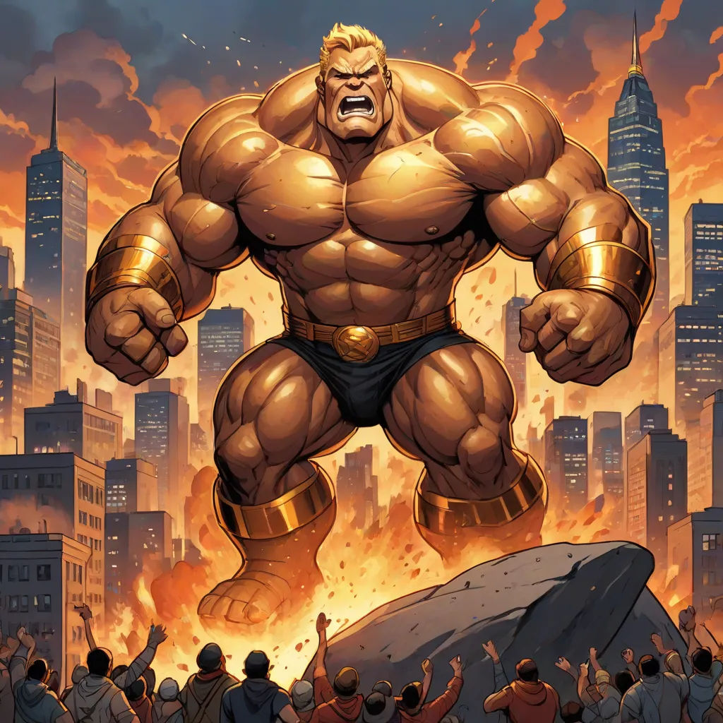 a cartoon of a man with a huge body and huge arms in front of a crowd of people in a city, altermodern, a comic book panel, Benjamin Marra, marvel comics