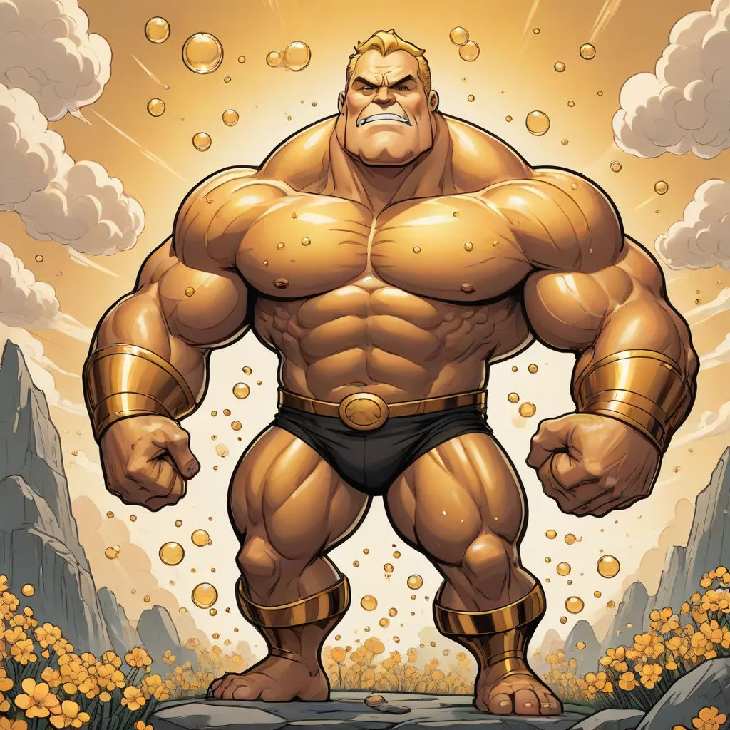 a cartoon character with a huge body and huge muscles standing in front of a mountain range with bubbles of water, precisionism, a comic book panel, Benjamin Marra, muscular