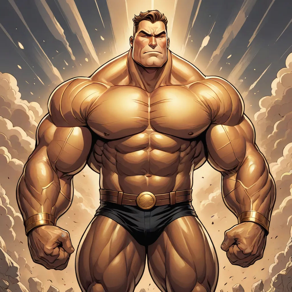 a man with a huge body and a massive chest standing in front of a cloudy sky with clouds and lightning, antipodeans, a comic book panel, Anthony Palumbo, muscular