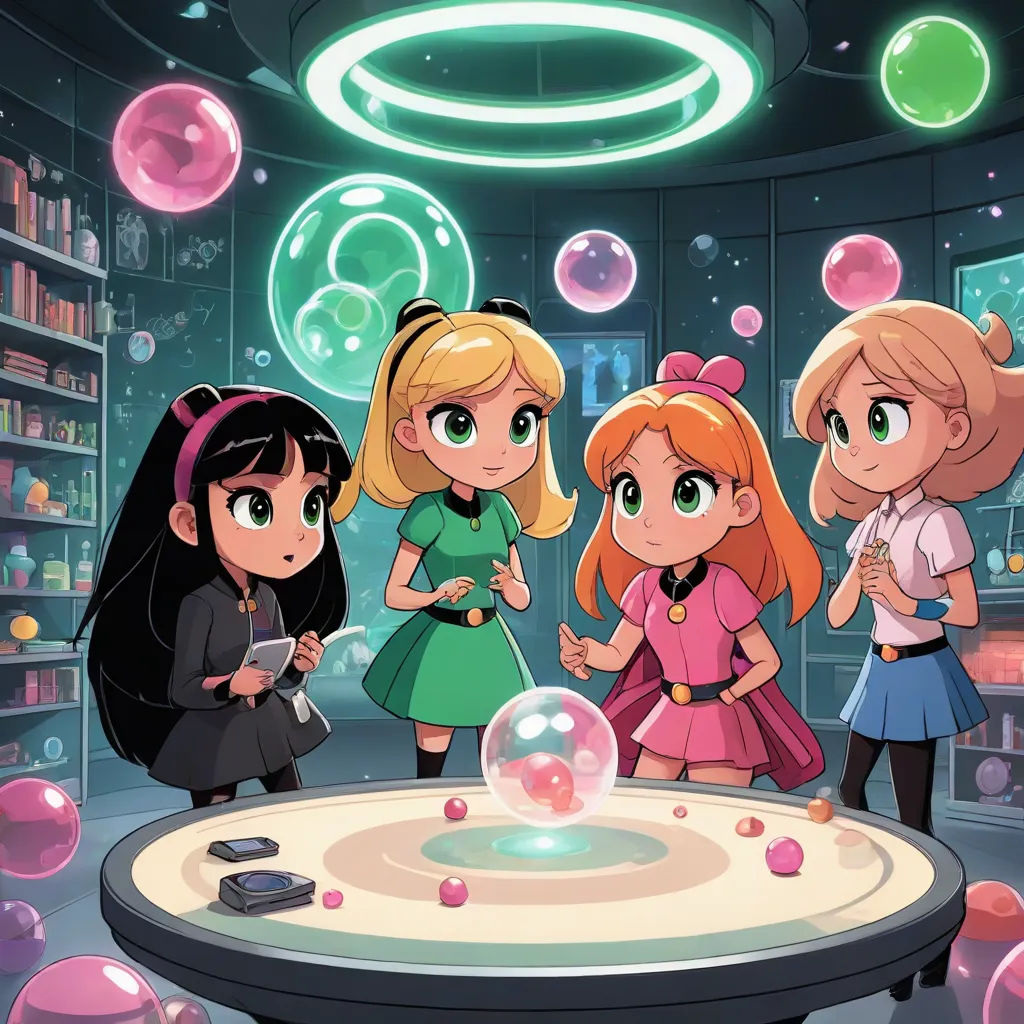 a group of girls standing around a table with bubbles in the air and bubbles floating around them on the table, space art, a comic book panel, Caroline Lucy Scott, official art