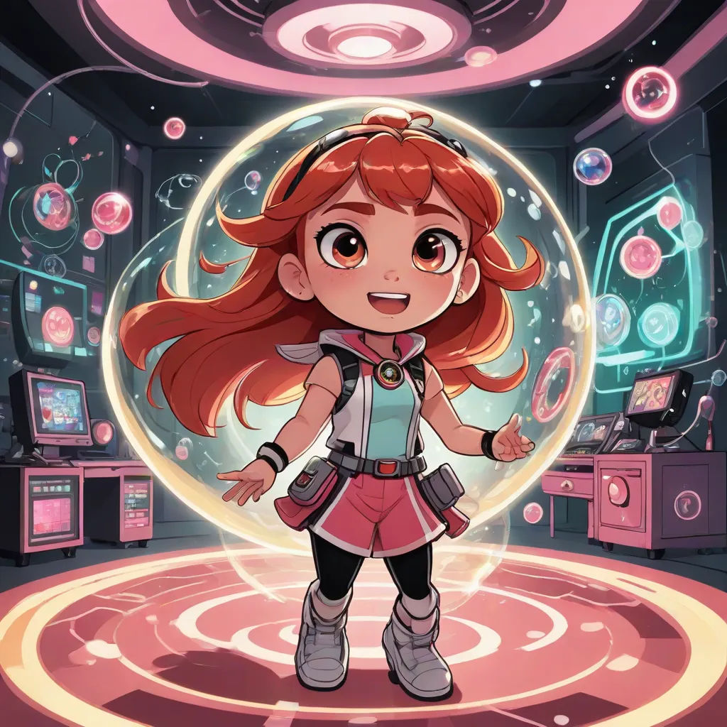 a girl standing in front of a large glass ball with bubbles on it and a pink background and a pink circle, space art, a character portrait, Ada Gladys Killins, official art