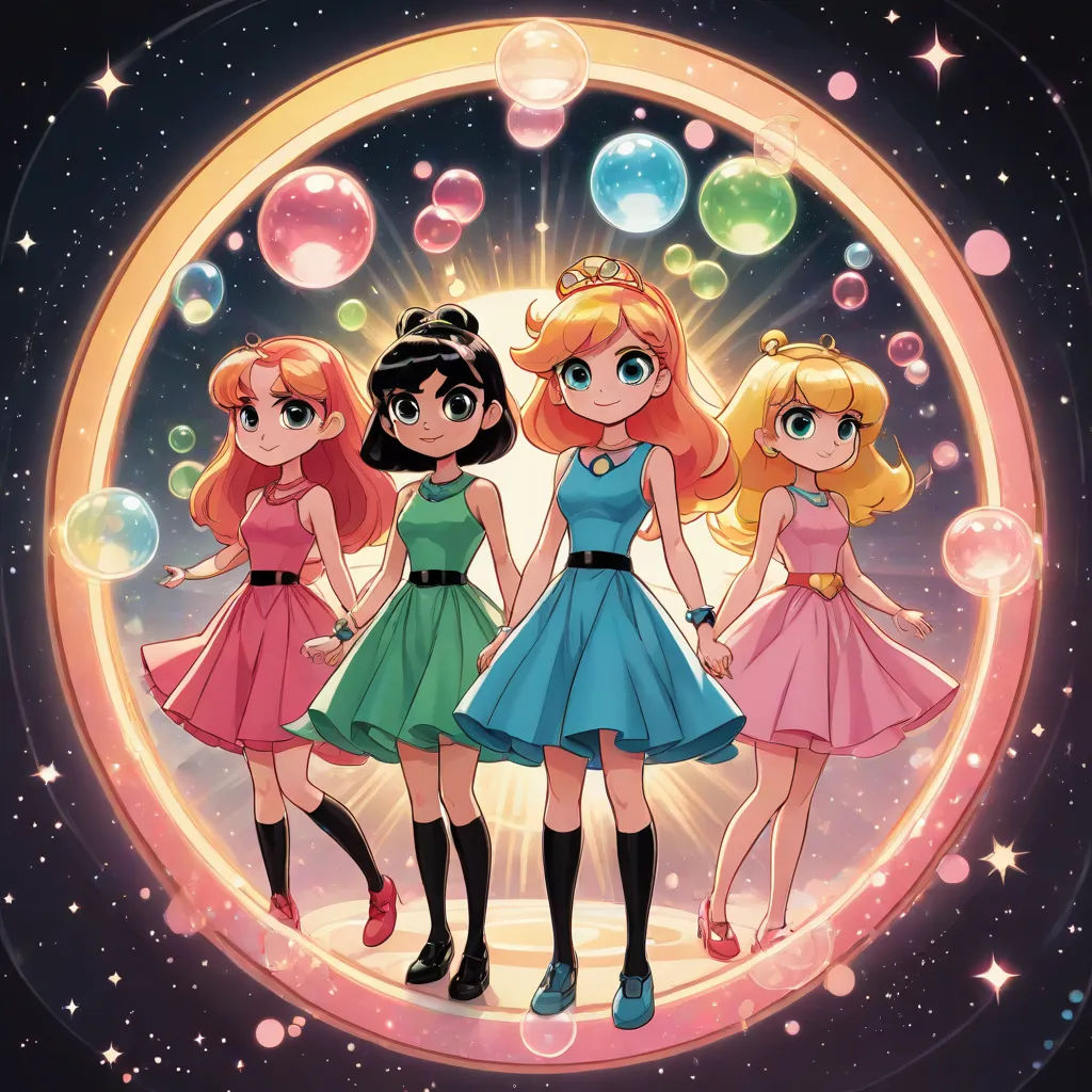 a group of girls standing next to each other in front of bubbles and stars in the sky with bubbles floating around, space art, poster art, Alice Prin, official art