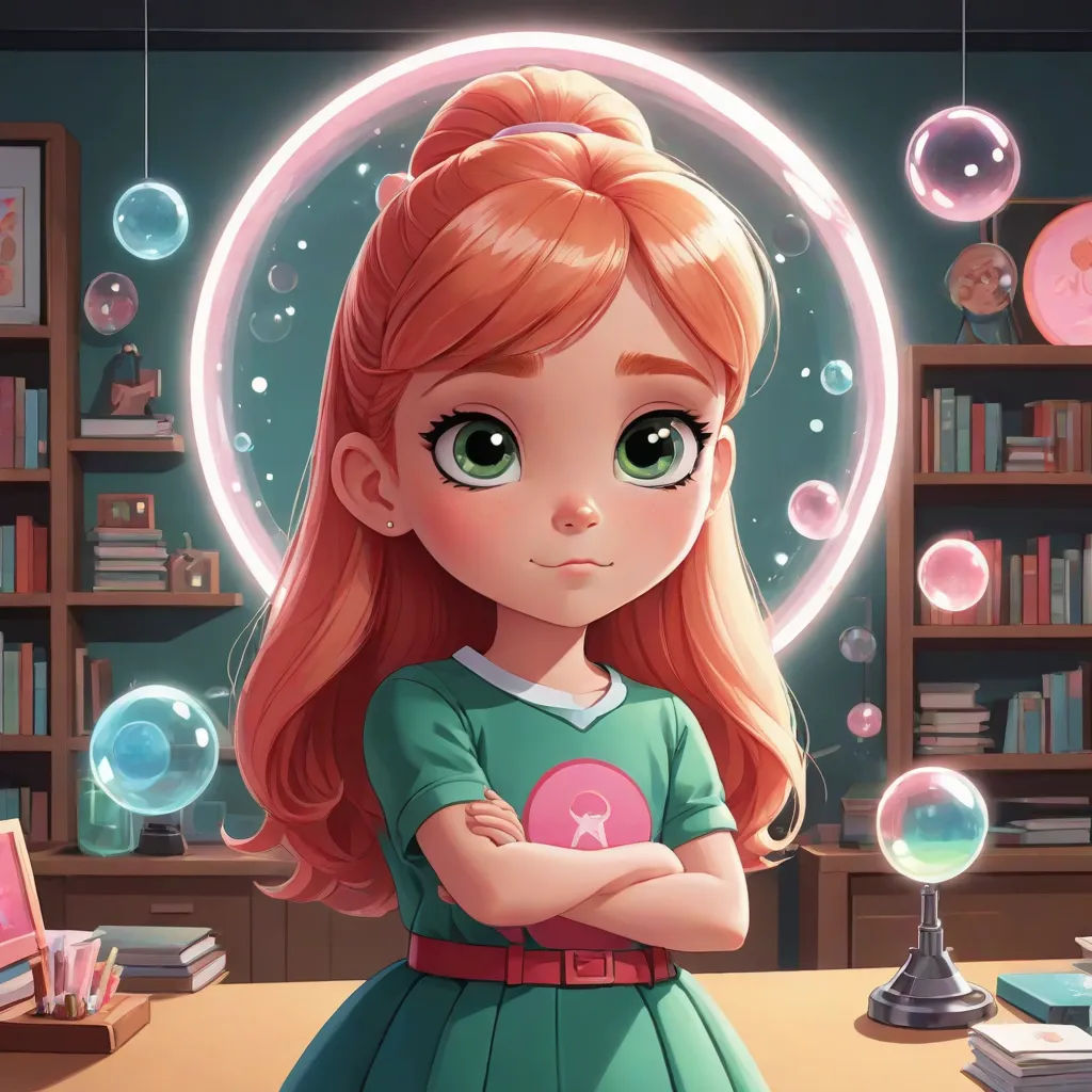 a girl with red hair standing in front of a book shelf with bubbles around her and a pink heart, pop surrealism, a character portrait, Clarice Beckett, key art