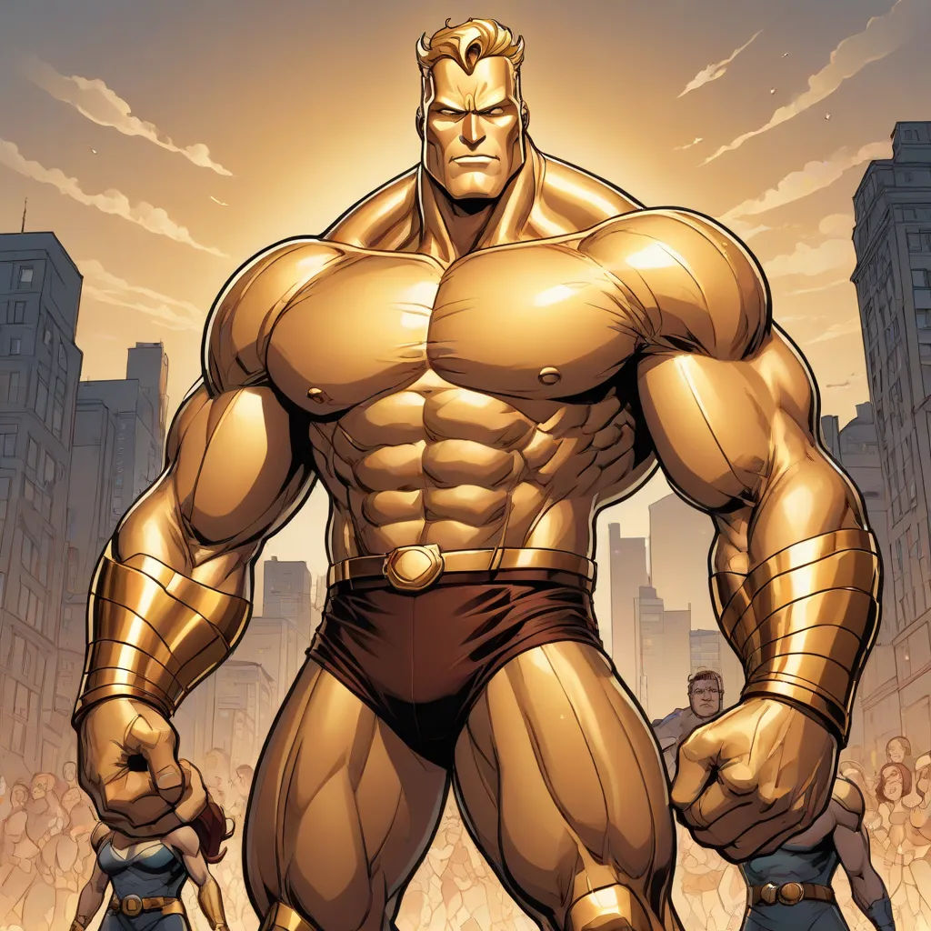 a man in a gold suit standing in front of a crowd of people with his hands on his hips, antipodeans, a comic book panel, Benjamin Marra, marvel comics