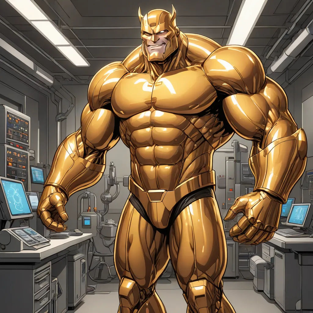 a man in a gold suit standing in a room with computers on the walls and a laptop on the desk, rayonism, concept art, Benjamin Marra, muscular