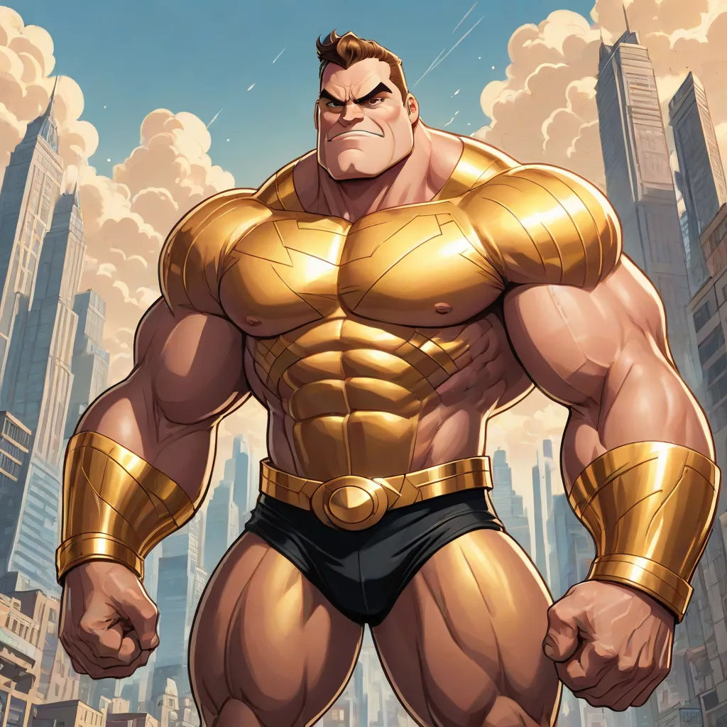 a man in a gold suit standing in front of a cityscape with a sky background and clouds, altermodern, a comic book panel, Benjamin Marra, rossdraws global illumination