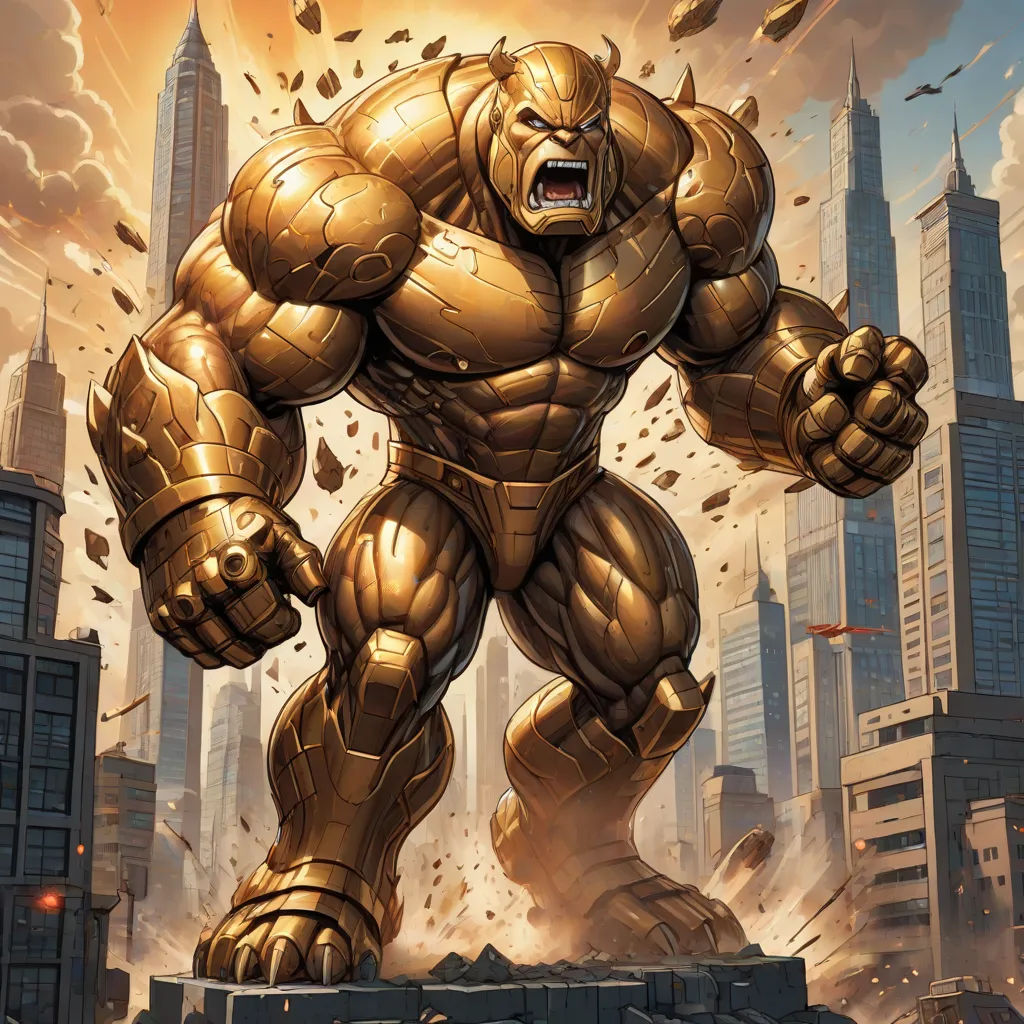a giant gold gorilla standing in front of a city skyline with a massive fist in his hand and a massive head, altermodern, a bronze sculpture, Daryush Shokof, magic the gathering artwork