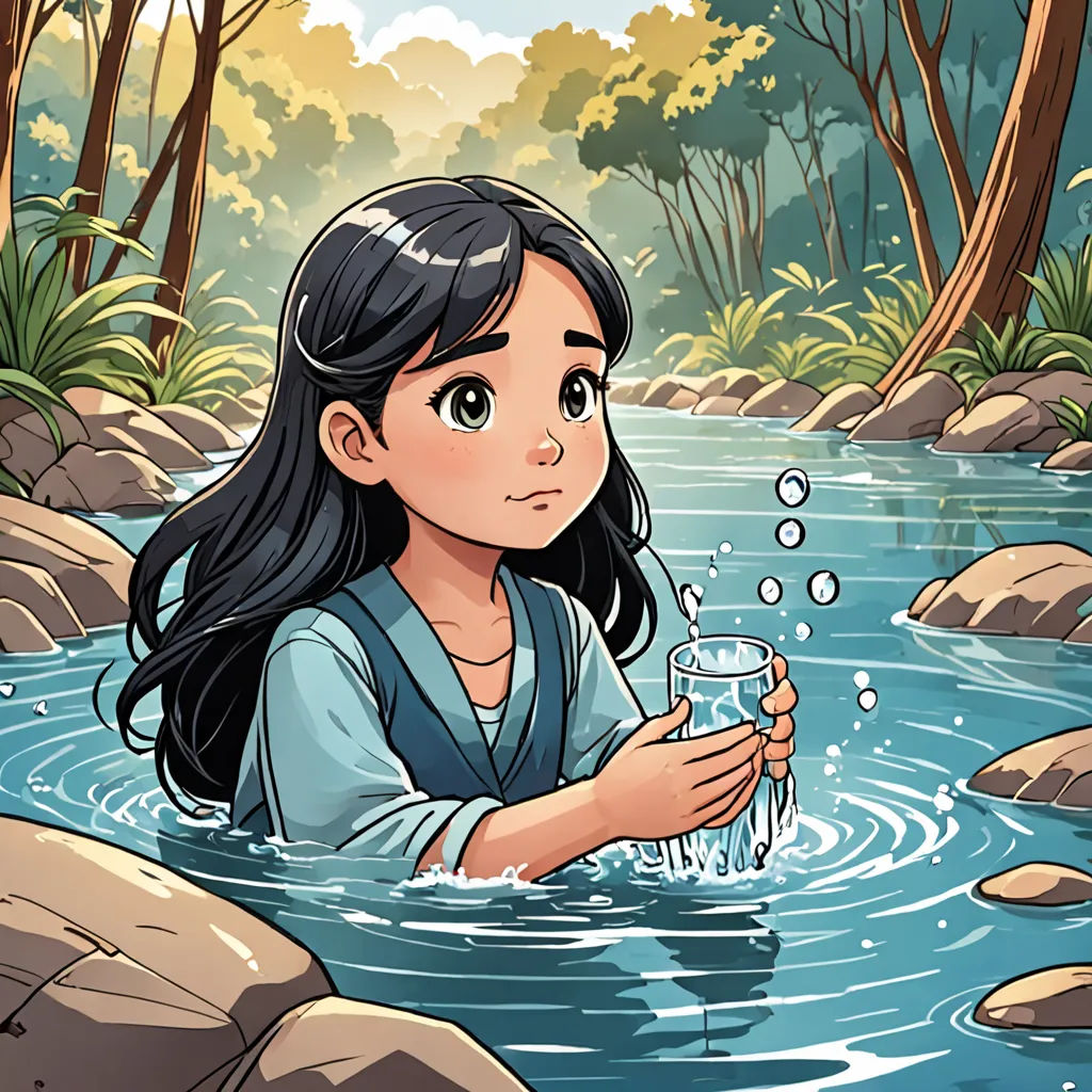 a girl is in the water with a glass of water in her hand and a stream of water behind her, environmental art, a storybook illustration, Cliff Childs, comic cover art