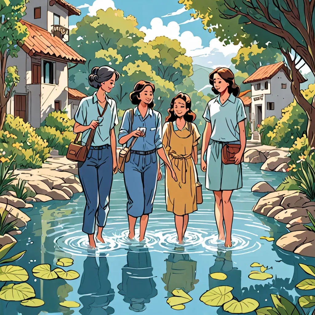 a group of women walking across a river next to a forest filled with trees and water lilies in front of a house, american scene painting, a storybook illustration, Asaf Hanuka, comic cover art