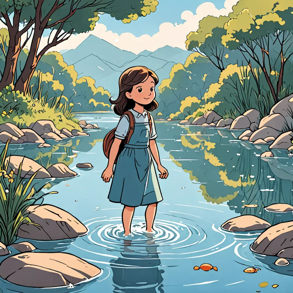 a girl standing in a river with a backpack on her back and a backpack on her shoulder, looking at the water, environmental art, a storybook illustration, Diego Gisbert Llorens, storybook illustration