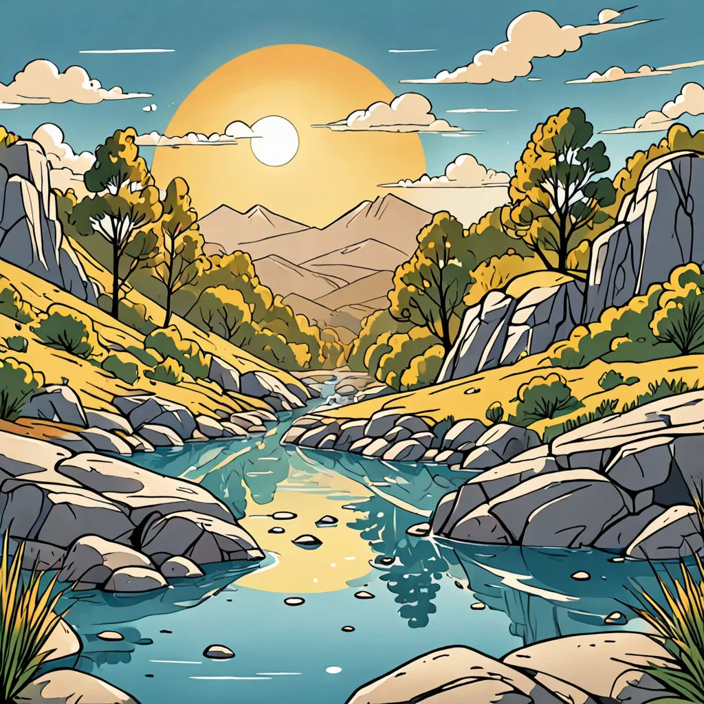 a river flowing through a lush green forest under a cloudy sky with a sun setting behind it and mountains, environmental art, a comic book panel, Dan Mumford, landscape
