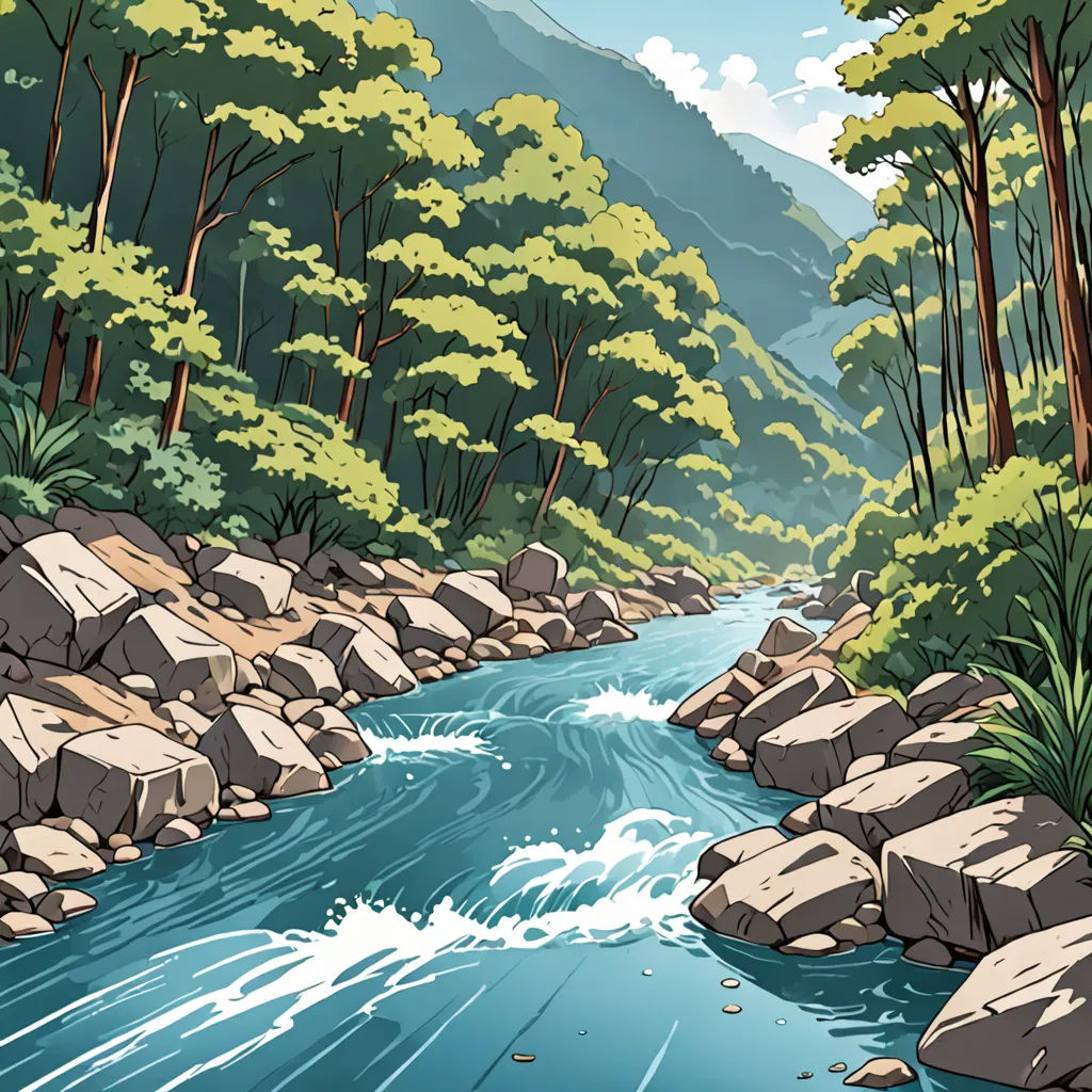 a river flowing through a lush green forest filled with rocks and trees, with a mountain in the background, environmental art, a comic book panel, Dan Mumford, river