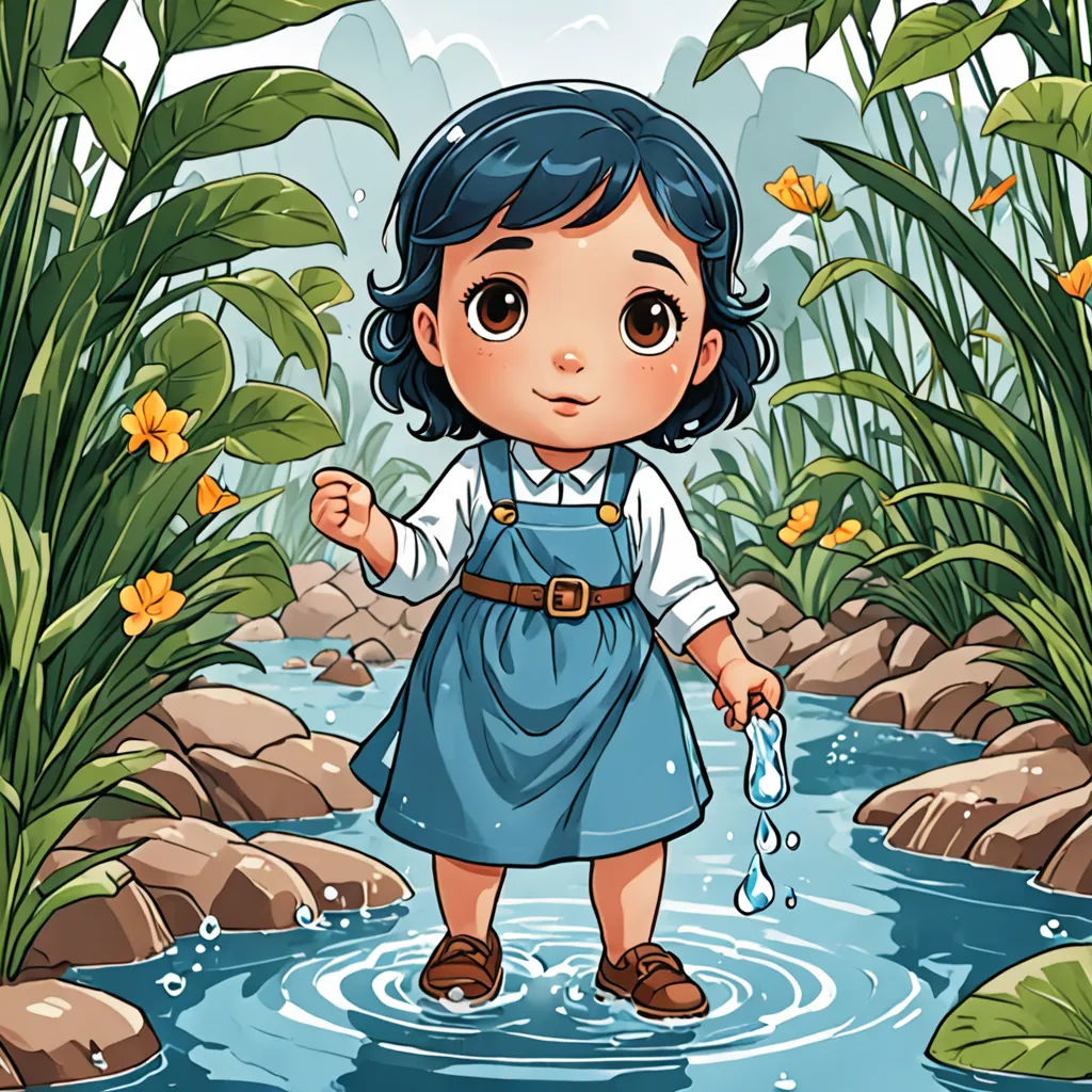 a little girl standing in a stream of water with a butterfly in her hand and a butterfly in her hand, environmental art, a storybook illustration, Cliff Childs, storybook illustration