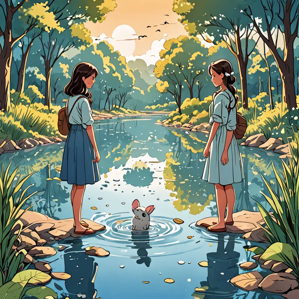 two girls are standing in the water looking at a rabbit in the water and a bird is flying overhead, serial art, a storybook illustration, Choi Buk, book cover