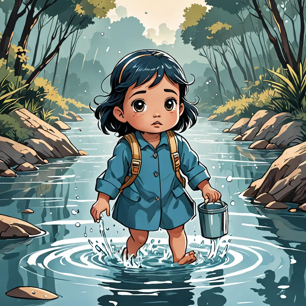 a little girl standing in a river holding a bucket of water and a bucket of water in her hand, environmental art, a storybook illustration, Cliff Childs, comic cover art