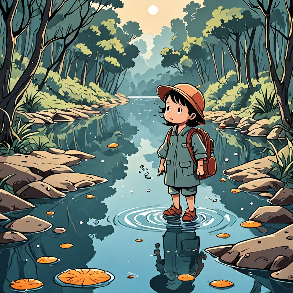 a cartoon of a girl standing in a river with a backpack on her back and a backpack on her shoulder, environmental art, a storybook illustration, Cliff Childs, river