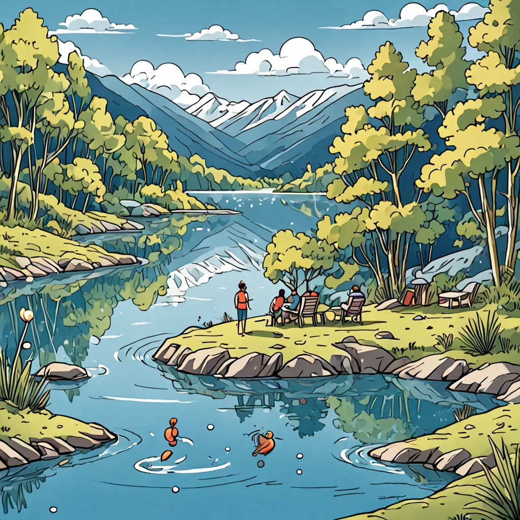 a painting of a river with people swimming in it and mountains in the background with clouds in the sky, plein air, a storybook illustration, Dan Mumford, storybook illustration