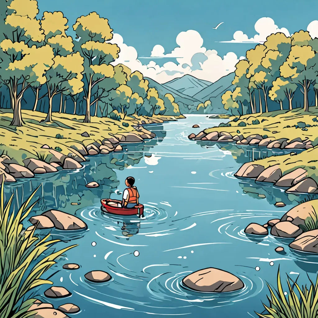 a man in a boat on a river surrounded by trees and rocks, with a mountain in the background, environmental art, a storybook illustration, Diego Gisbert Llorens, storybook illustration