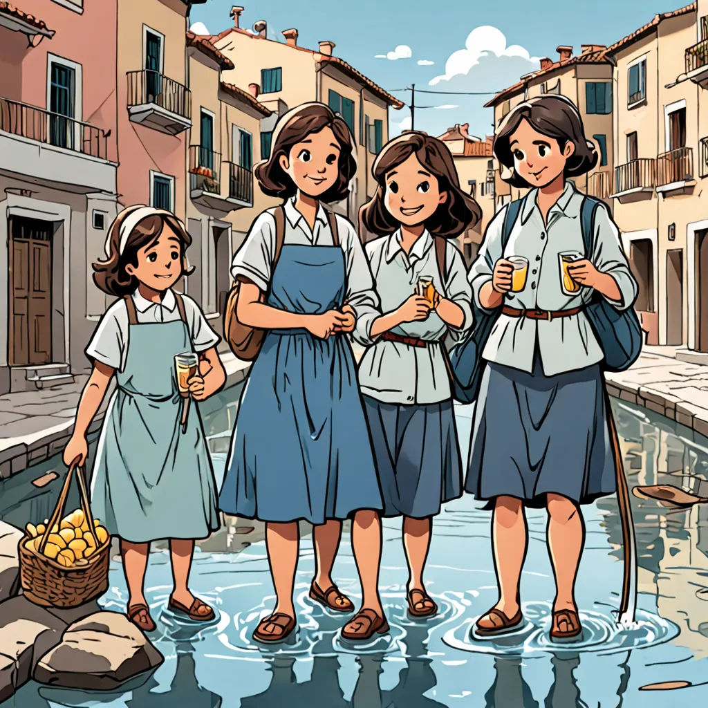 a group of women standing next to each other in front of a river holding baskets of food and a basket, lyco art, a storybook illustration, Colin Middleton, official art