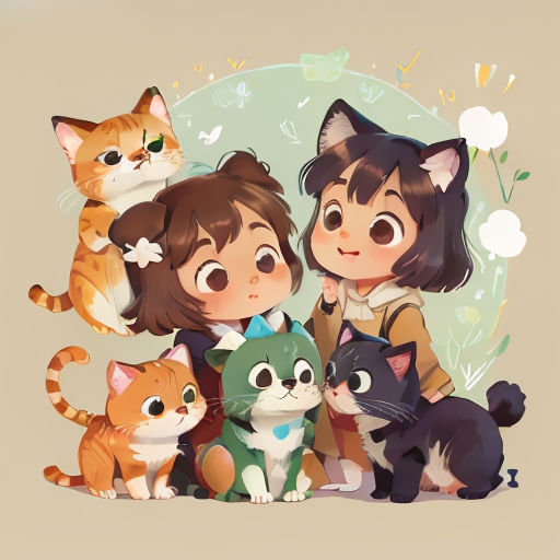 a group of cats and a girl with a cat on her shoulder and a cat on her shoulder, with a background of flowers and butterflies