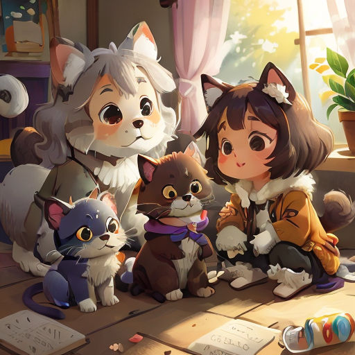 a group of cats and a girl sitting on a floor next to a window with a cat on it