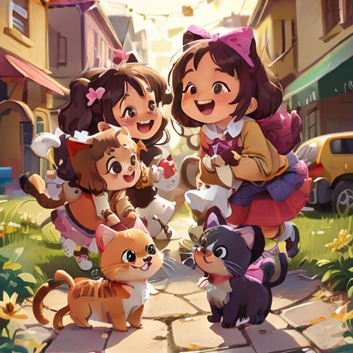 a group of children standing next to each other on a sidewalk with a cat and kitten on the ground