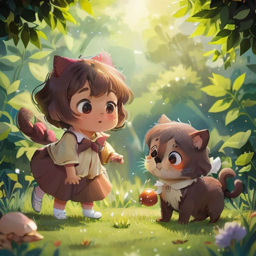 a little girl and a cat in a forest with sunlight shining through the trees and leaves on the ground
