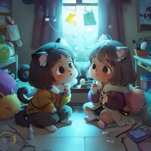 two little girls sitting on the floor in a room with toys and a window in the background, looking at a book