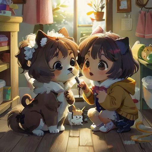 two little girls are playing with a cat in a room with a cat on the floor and a cat on the floor