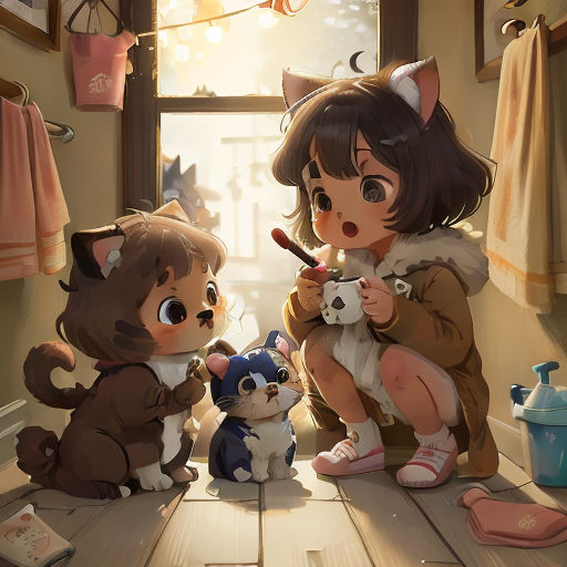 a little girl sitting on the floor with two small dogs and a cat next to her, and a cat holding a toy