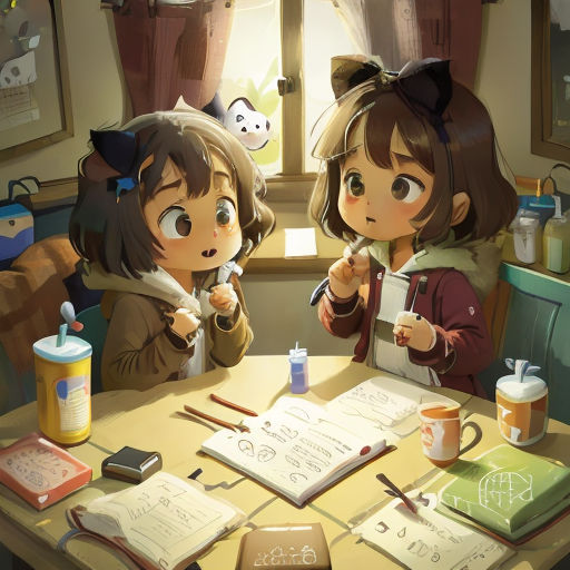 two girls sitting at a table with books and pens in front of them, looking at a book with a cat on it